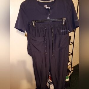 Climate Right Navy Pants Scrub Set With Drawstring Adjustable Waist Size Small